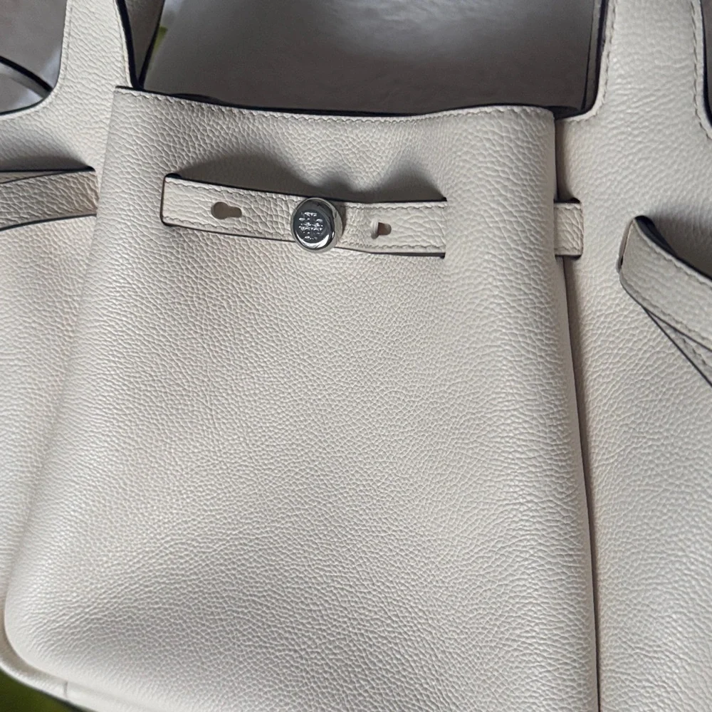 TORY BURCH Small Romy Tote Light Cream Leather Bag Handbag Silver Accents - Picture 3 of 16